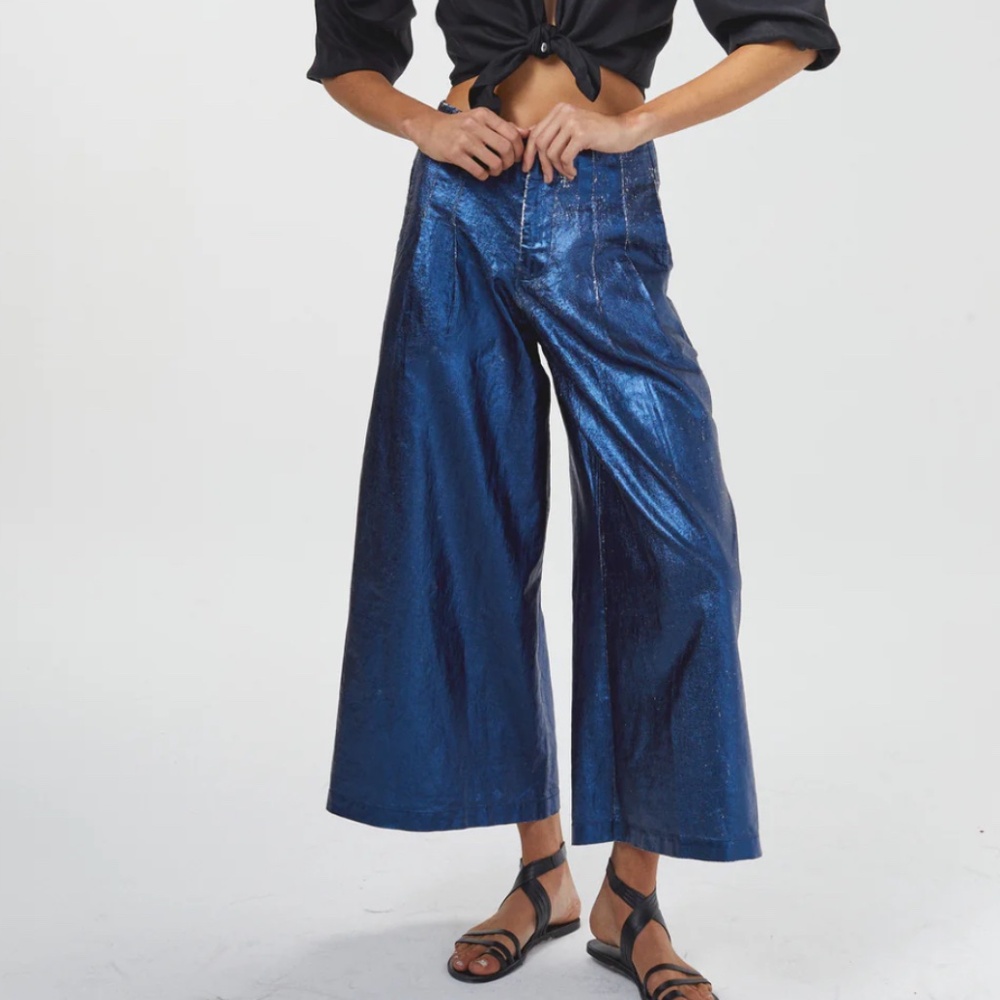 BEST SELLING🔥 LANHTROPY CULOTTE METALLIC LINEN PANTS - DARK BLUE